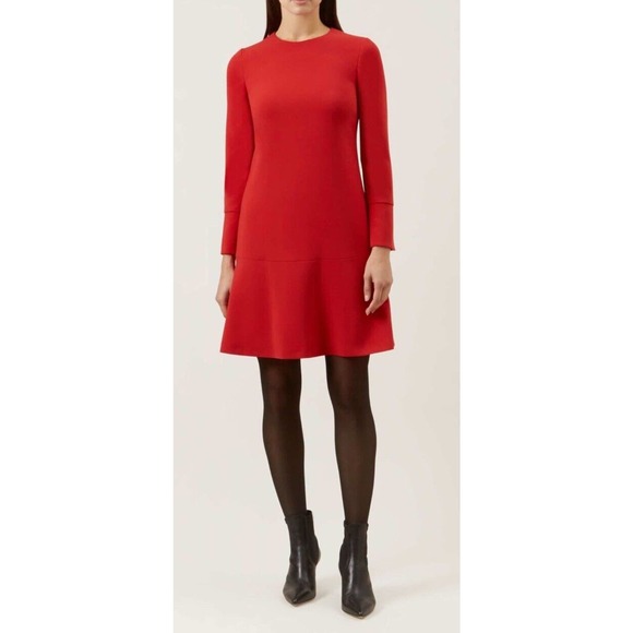 HOBBS LONDON Sienna Red Natalia A-line Flare Mini Dress Size US 4‎ Long Sleeve - Picture 1 of 10